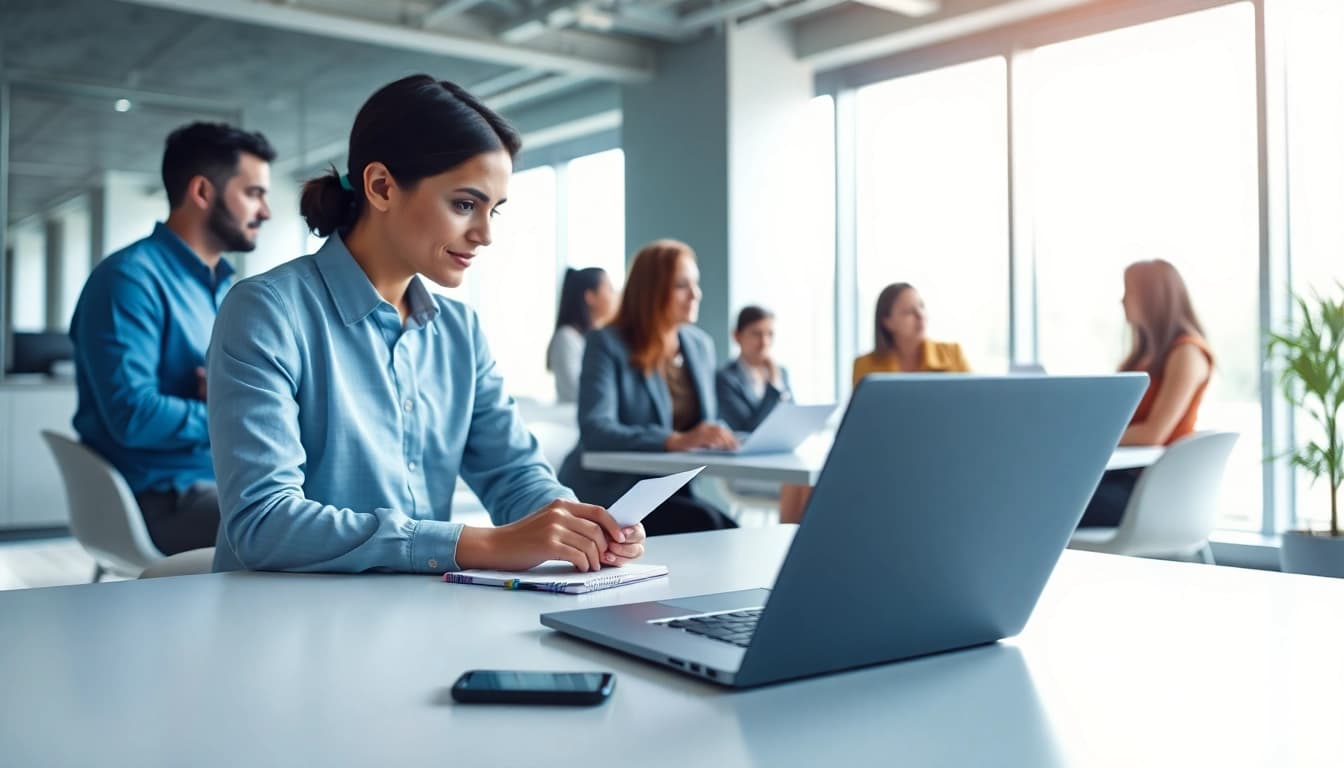 AI that handles meeting follow ups assisting in a professional meeting with notes and engagement.