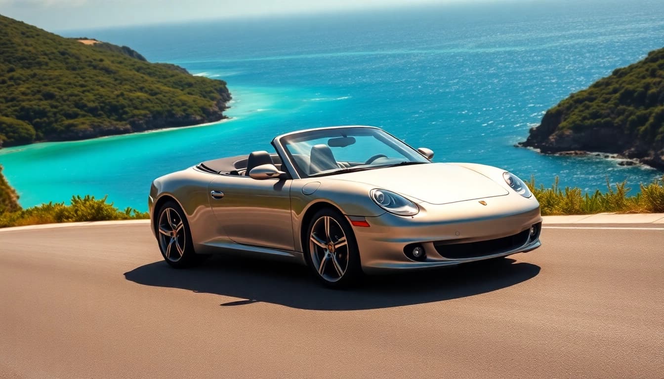 Rent a car st barth with a luxury convertible parked on a scenic coastal road.