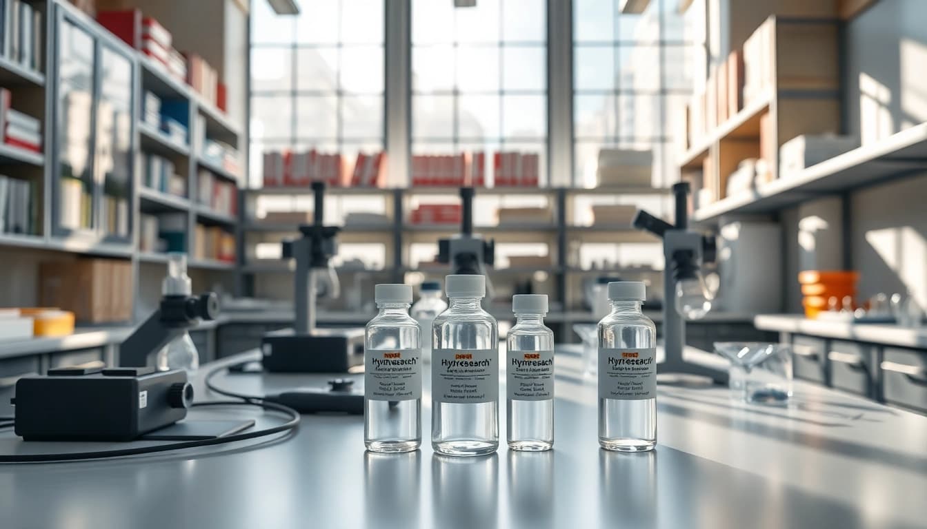 Illustration of hydroresearch peptides in a lab environment indicating research and innovation.