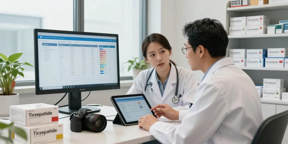 Top-rated tirzepatide suppliers discussed by healthcare professionals in a modern office setting.