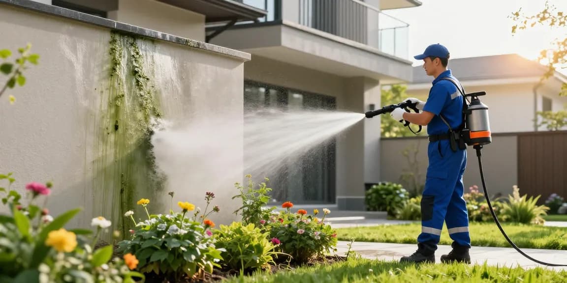 Fassadenreinigung Allendorf (Lumda) durch professionelle Reinigungskräfte mit modernem Equipment in sonniger Atmosphäre.