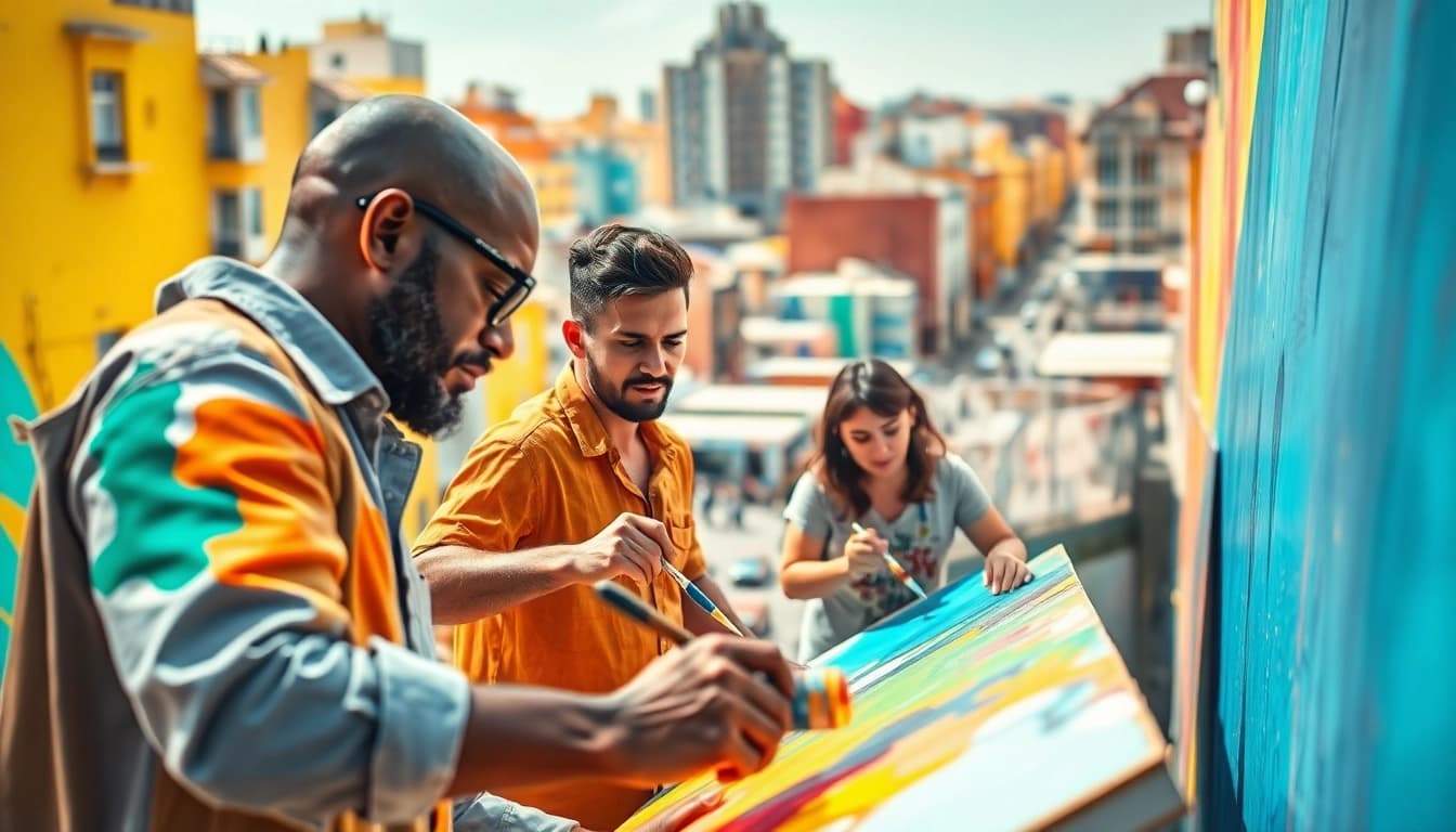 Capture of a vibrant painting commercial where artists collaboratively create a mural, showcasing creativity and teamwork.