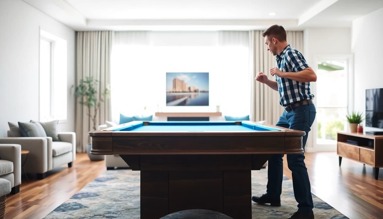 Pool table mover safely lifting a slate pool table in a neat living room setting.