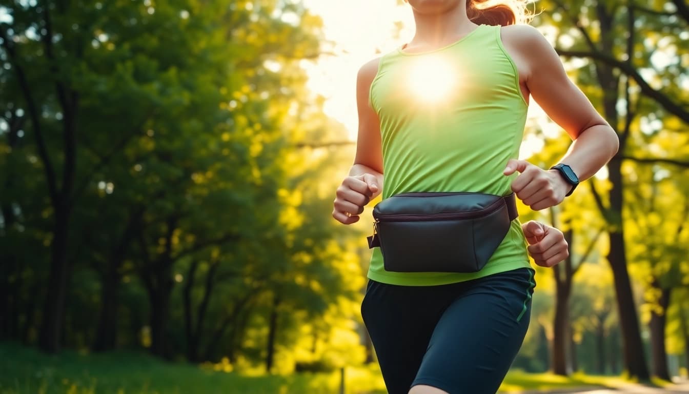 Energized runner showcasing a running waist pack in vibrant park surroundings.