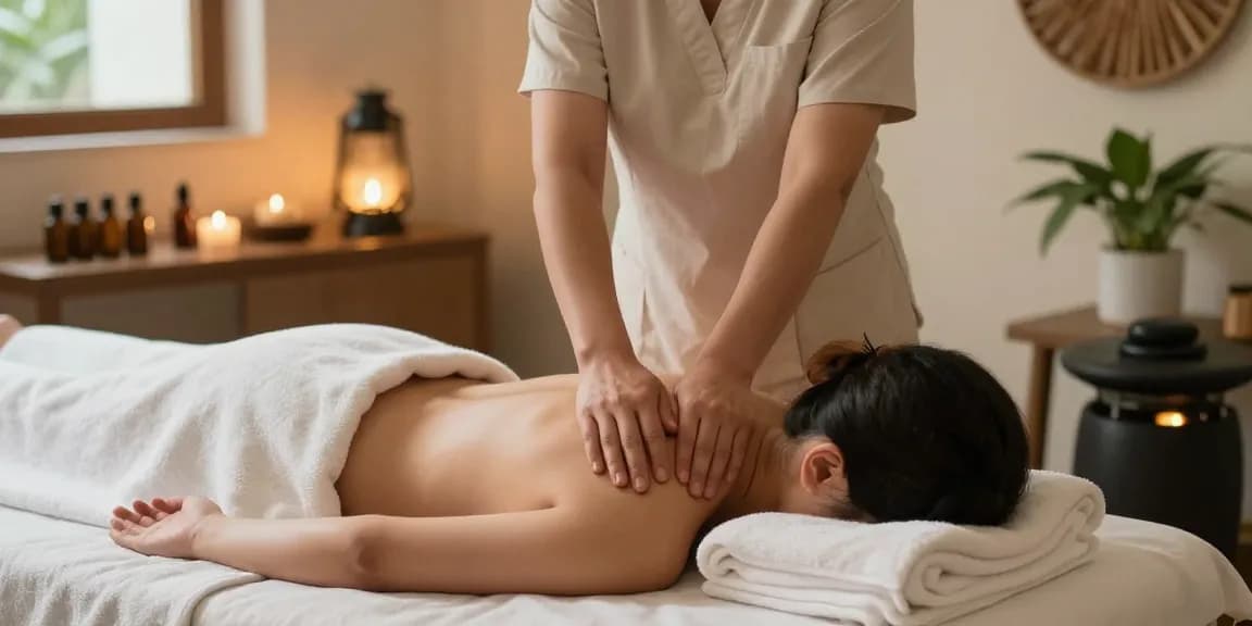 마사지 테라피 장면, 웰빙 스파에서 스웨디시 마사지를 받고 있는 고객과 테라피스트.