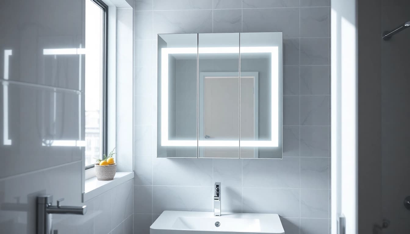 Spiegelschrank bad mit Beleuchtung in modernem Badezimmer, elegant und funktional gestaltet.