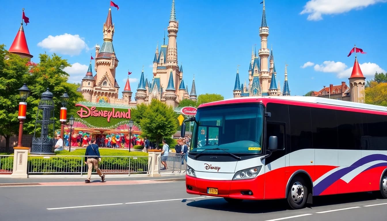 Transfer from Disneyland Paris to airport showcasing a colorful shuttle bus against the iconic castle.