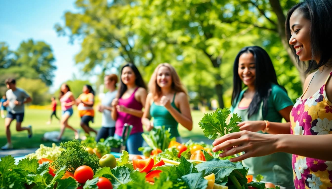 Individuals promoting a Healthy Life by preparing fresh meals and exercising in a community park.
