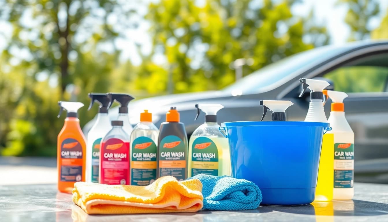 Showcasing a car wash kit for beginners with essential cleaning tools in a bright, outdoor setting.