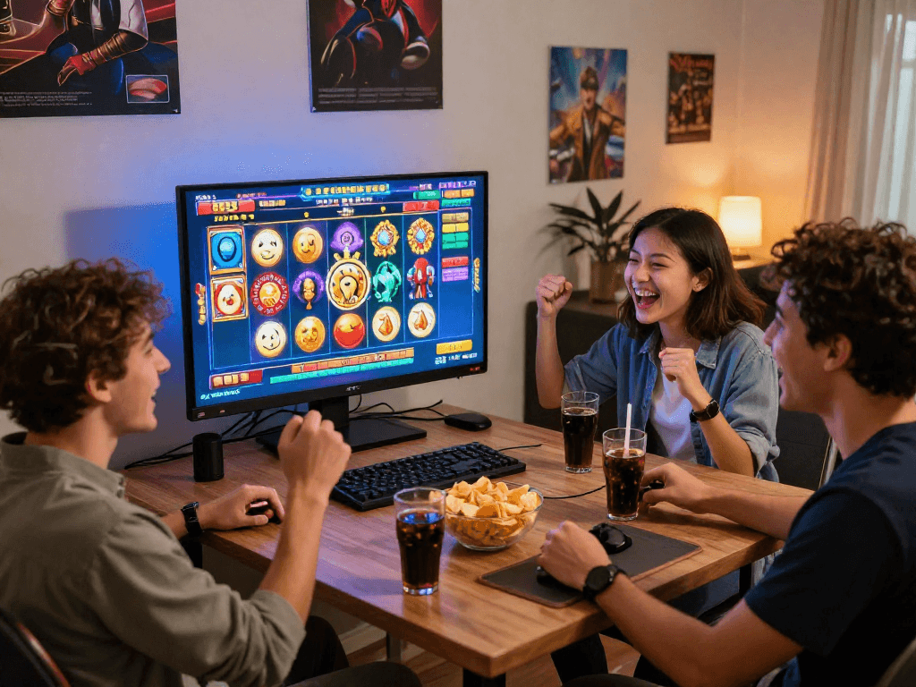 Teman bermain situs slot dengan grafik cerah dan suasana hangat di ruang keluarga.