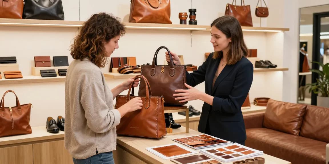 Shopper exploring leather handbags in a stylish store showcasing quality slot options.