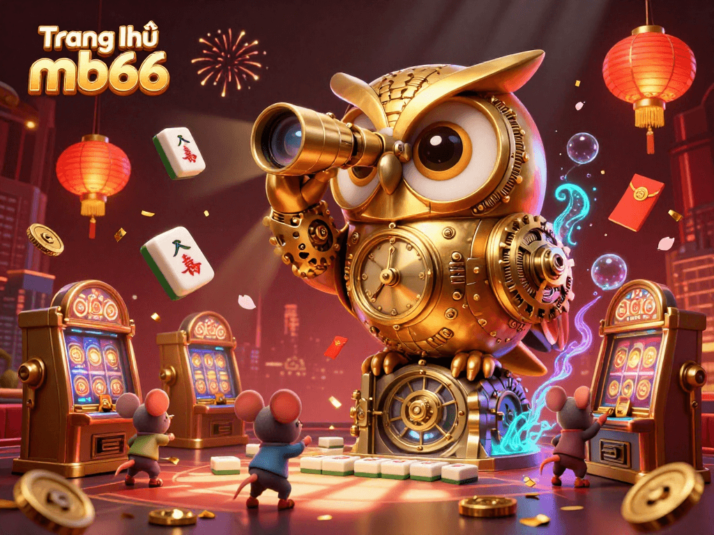 Engage with Trang chủ mb66 through a vibrant casino scene featuring an animated clockwork owl and joyful patrons.