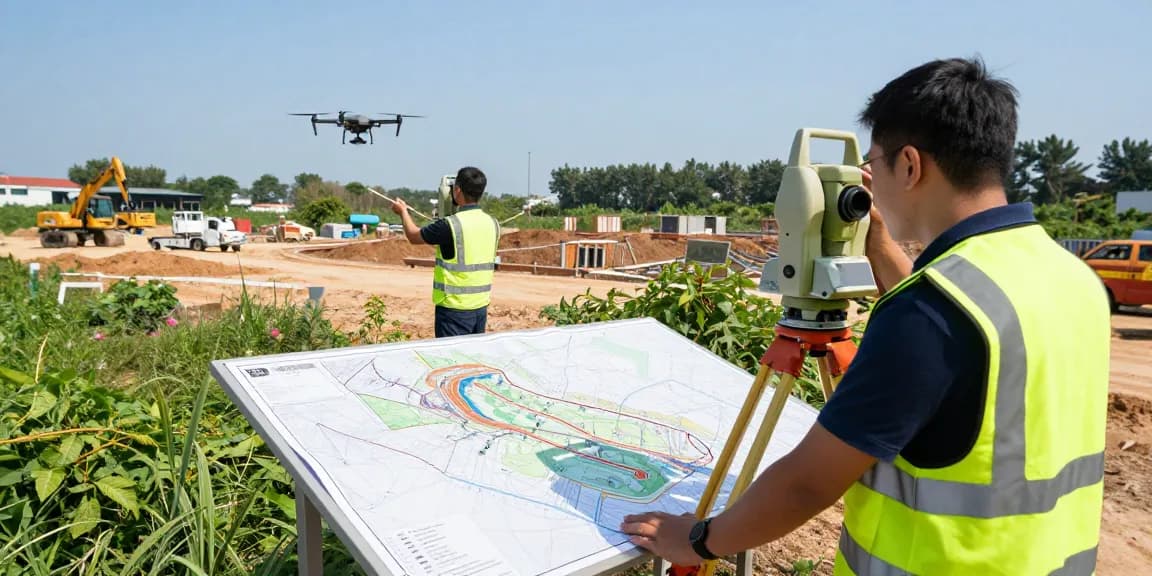 Topographical surveys London professionals using advanced equipment at a construction site.
