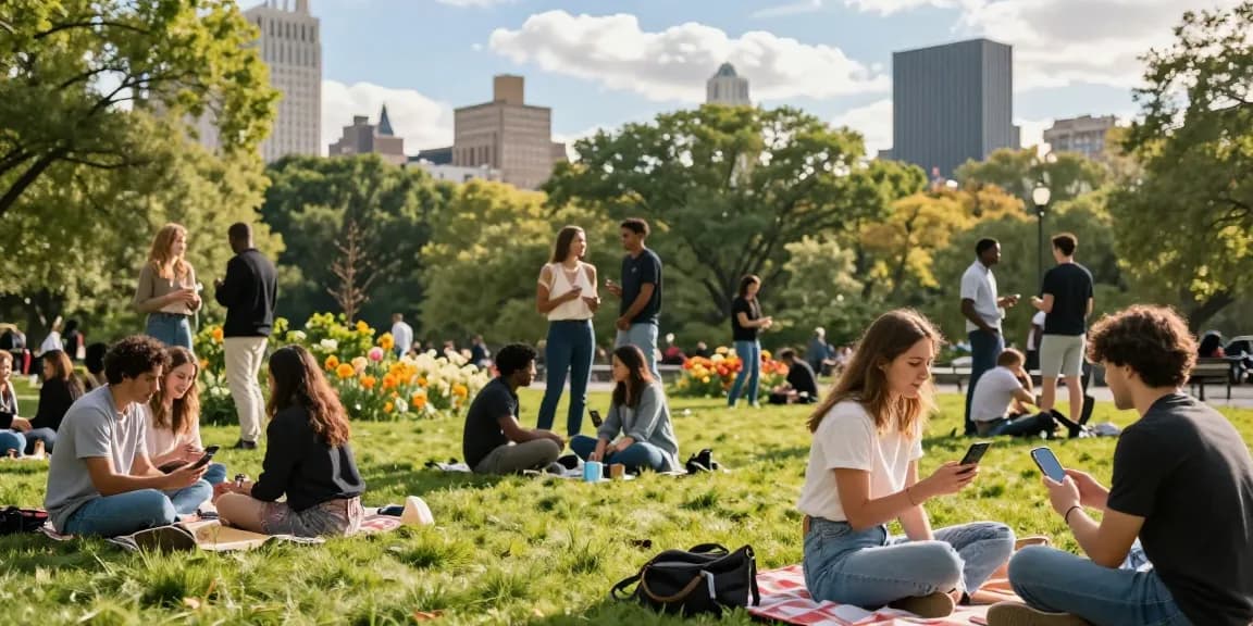 Singles using the HundRoses app in a lively urban park setting, enjoying meaningful connections.