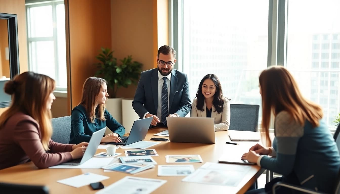 Marketing director leading a team discussion in a modern office environment.