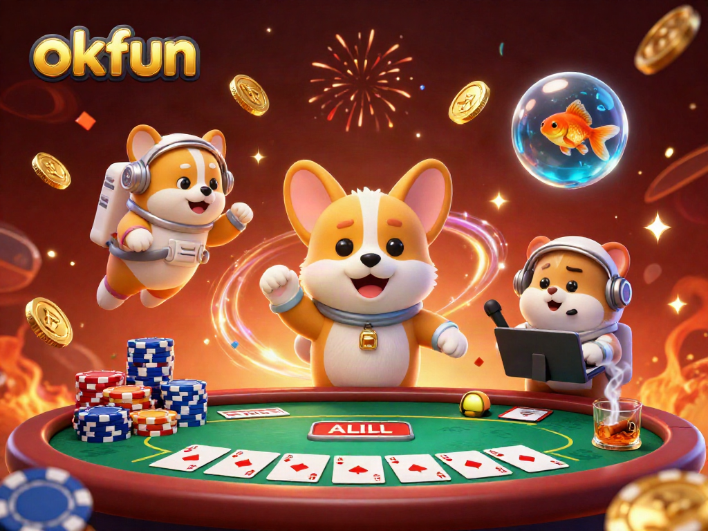Engage with okfun's thrilling casino experience floating in zero gravity with a dynamic 3D illustration.
