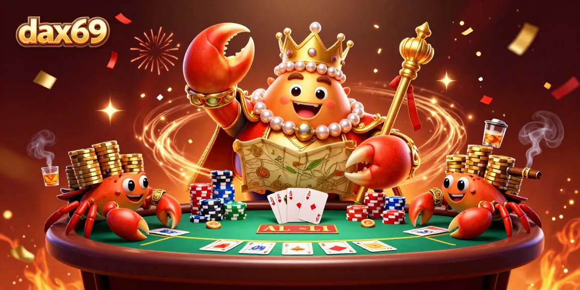 Memenangkan chip emas besar di dapur kasino dax69 dengan raja kepiting dan kartu poker.