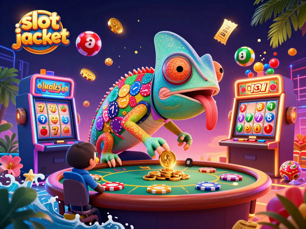 Experience excitement with the vibrant slot jackpot scene featuring a colorful chameleon and animated slot elements.