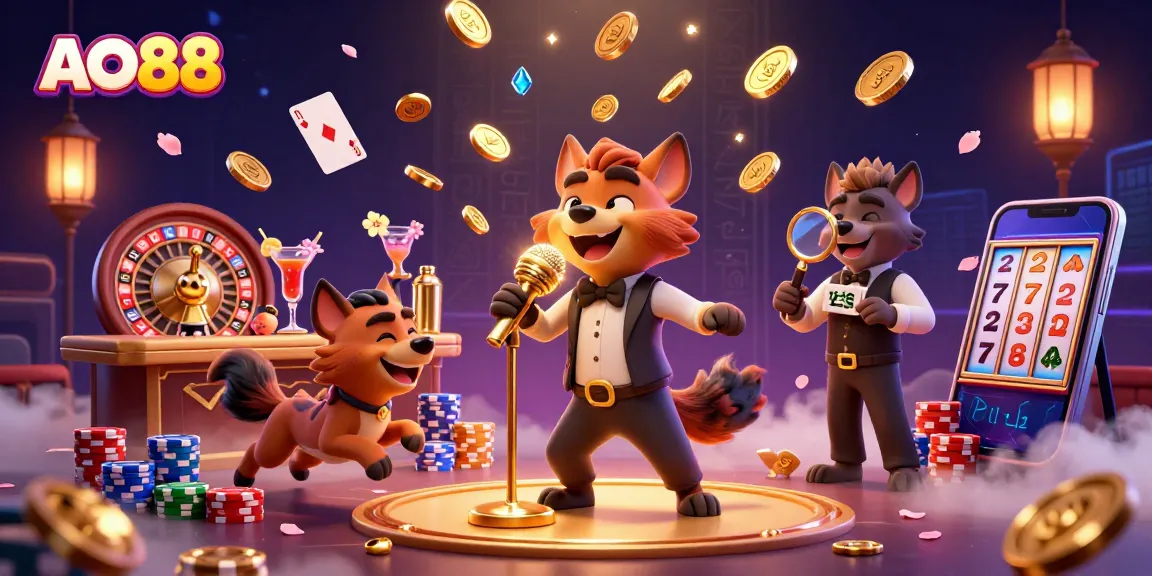 Experience the thrilling AO88 casino scene with hyenas entertaining, mixing drinks, and security, surrounded by gold coins and poker chips.