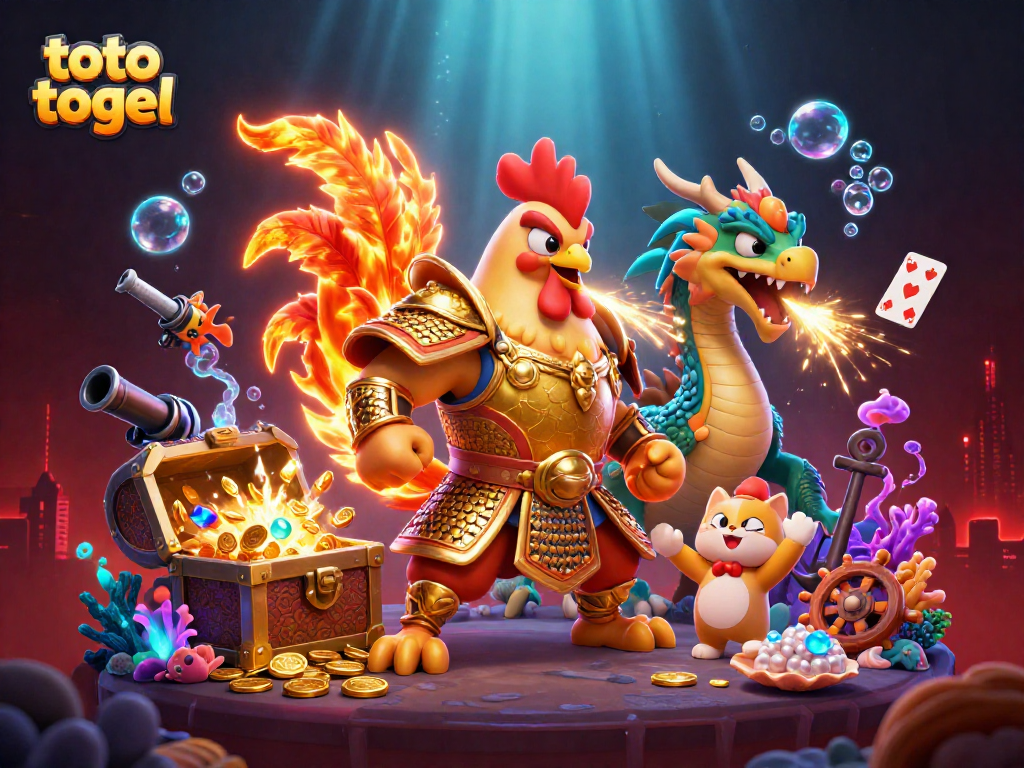 Toto togel: Pejuang ayam berjuang dalam arena sambil dikelilingi harta karun dan kartu bermain.