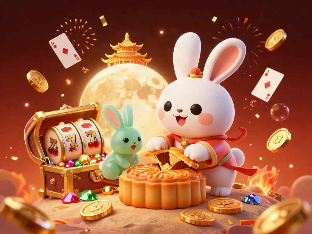 Experience the excitement of สล็อตเว็บตรง 2026 with a lively scene featuring a moon rabbit surrounded by slot reels and treasures.