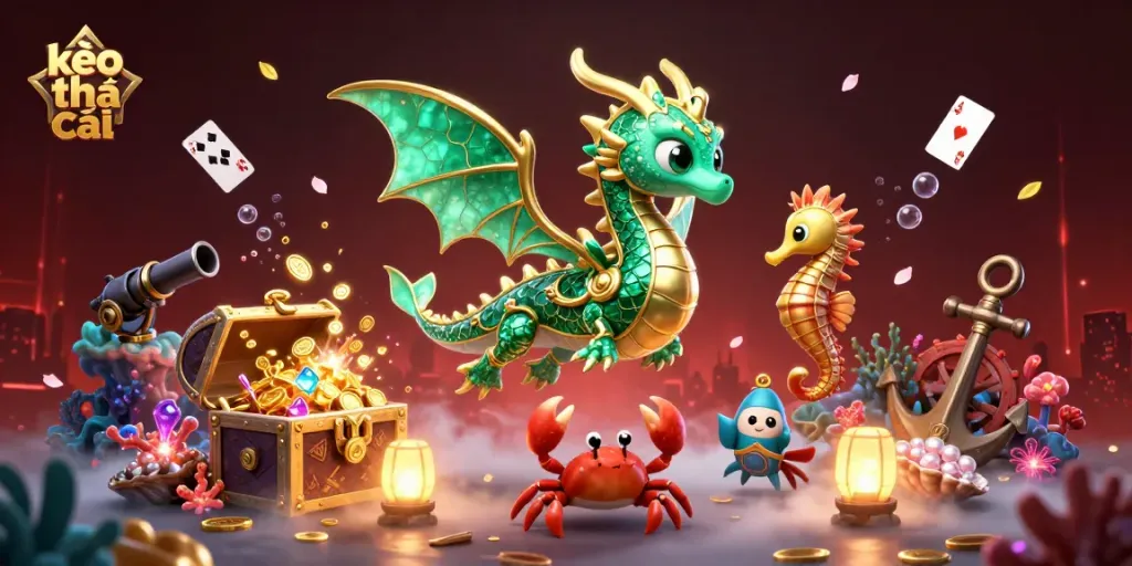 Engaging kèo nhà cái themed dynamic scene with a sea dragon and treasure elements enhancing excitement.