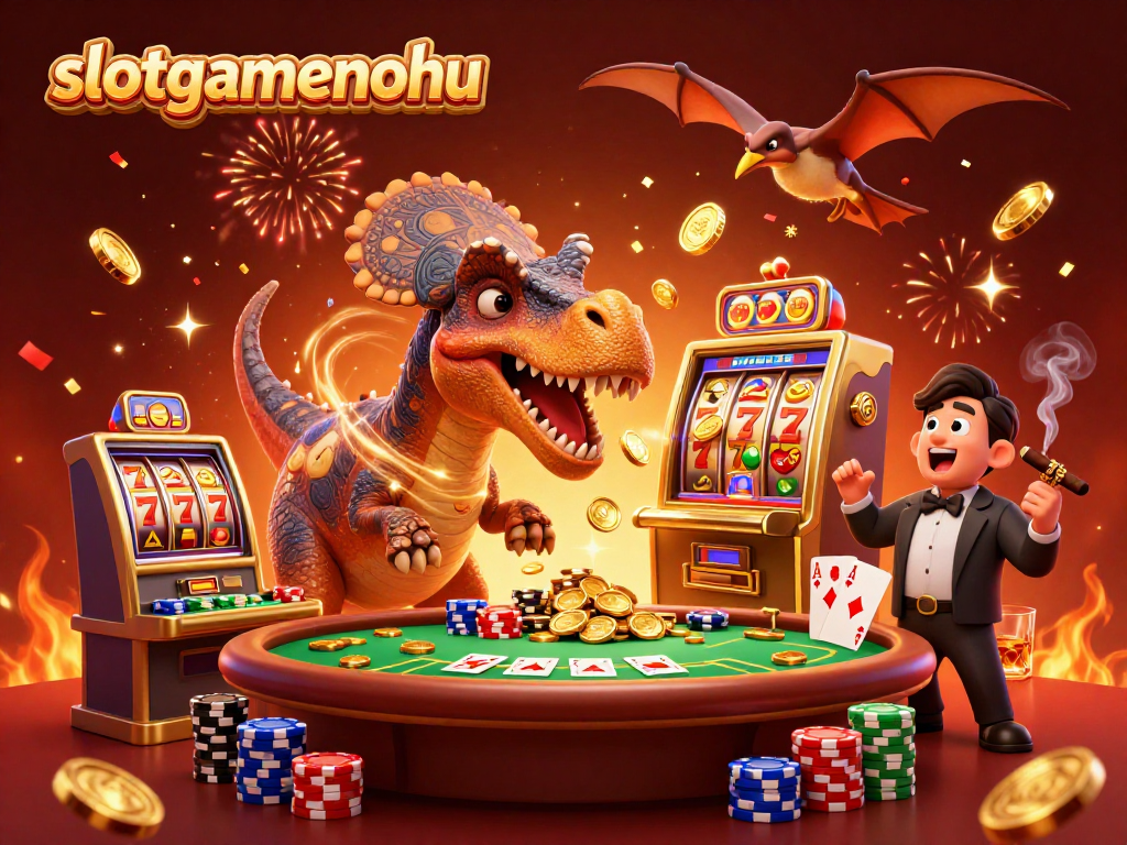 Experience exciting jackpots at slotgamenohu as a pachycephalosaurus interacts with a golden slot machine.