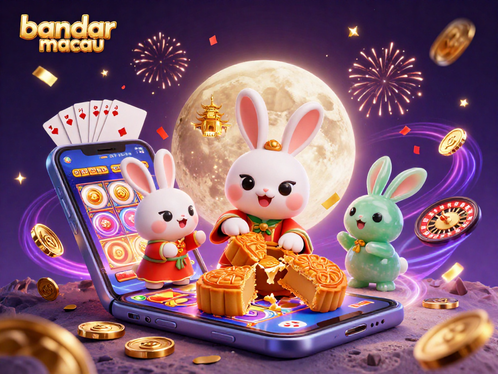 Experience the fun at bandar toto macau with vibrant visuals of a moon rabbit and casino elements.
