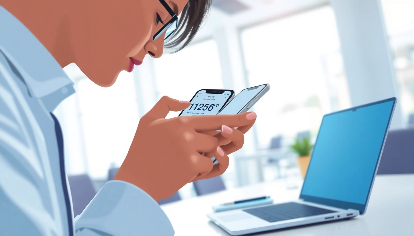 Use the site to check telephone number on a smartphone in a modern office.