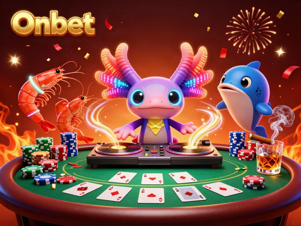 Experience the excitement of Onbet as vibrant characters host a dynamic poker scene with rich lighting effects.