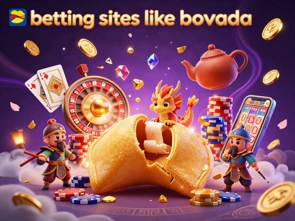 Engage with betting sites like Bovada at this vibrant casino scene featuring a golden fortune cookie.