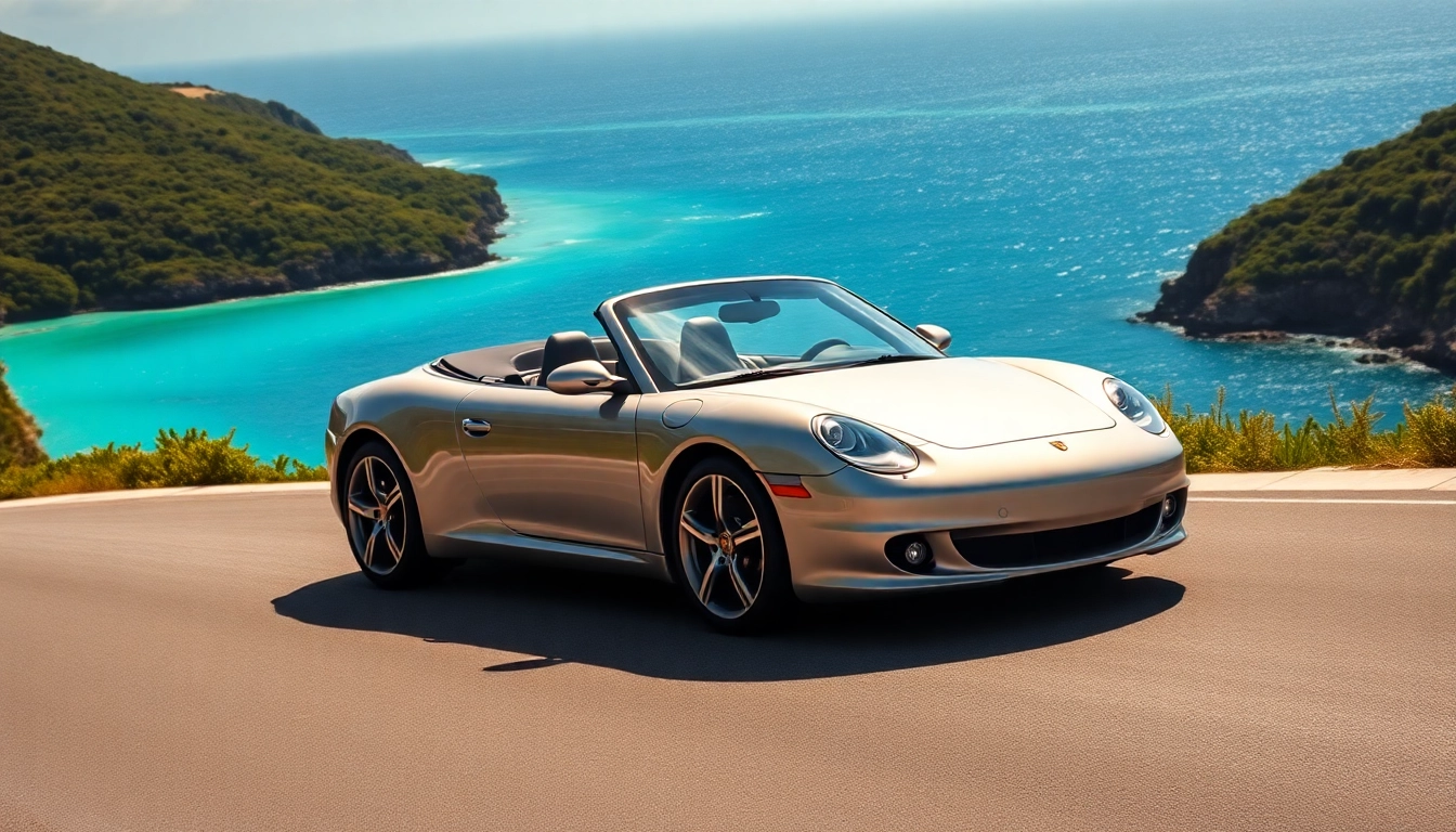 Rent a car st barth with a luxury convertible parked on a scenic coastal road.