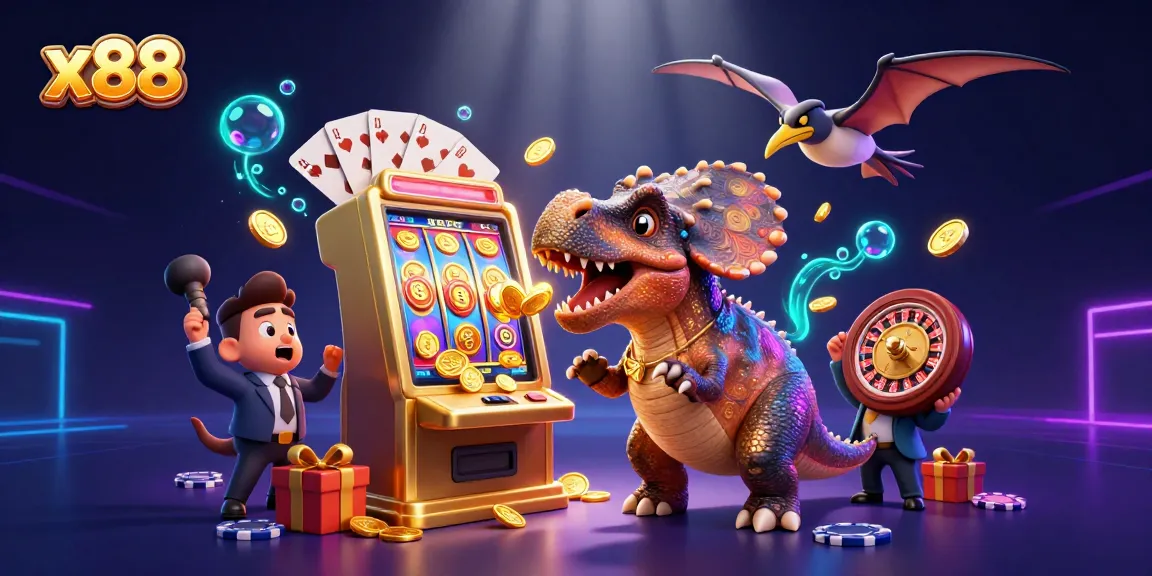 x88 engages players with thrilling slot jackpots through a dynamic casino illustration featuring prehistoric characters.