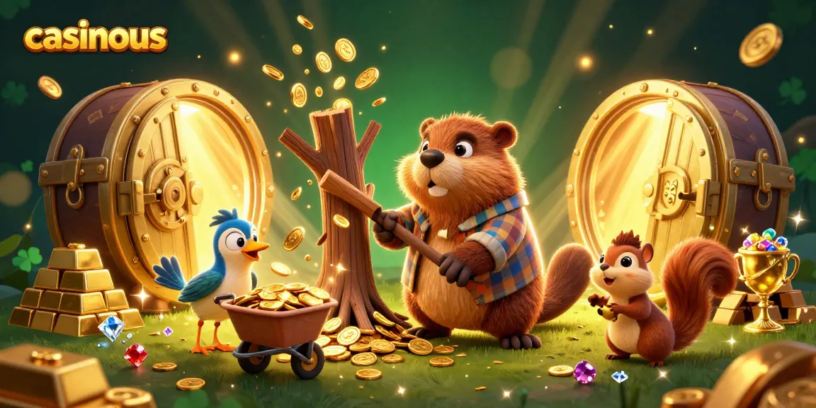 Experience winning adventures at casinous with a beaver and friends collecting gold coins in a vibrant casino scene.