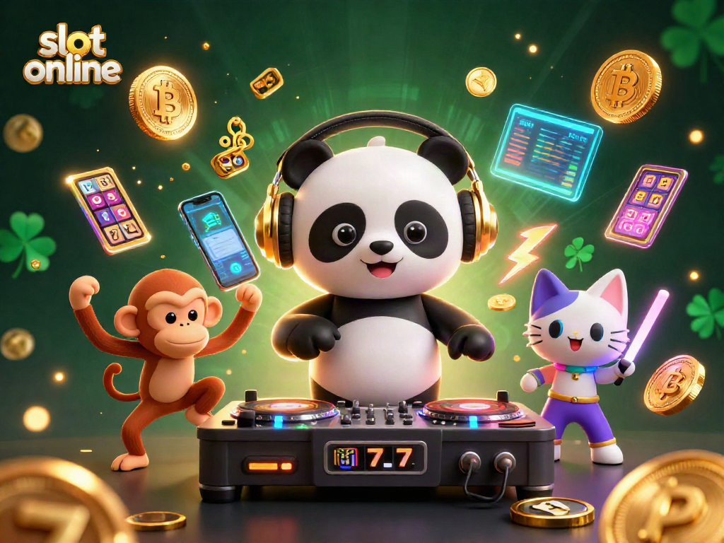 Experience the thrilling action of slot online with a colorful 3D DJ panda and vibrant casino symbols.