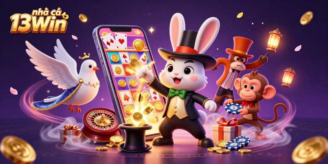 Engage with nhà cái 13Win through a vibrant scene featuring magical casino elements and characters.