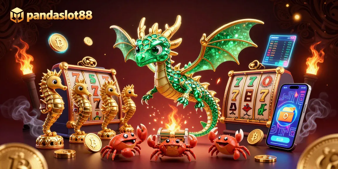 Pand slot gacor di pandaslot88 dengan peti harta karun dikelilingi simbol slot dan koin kripto.