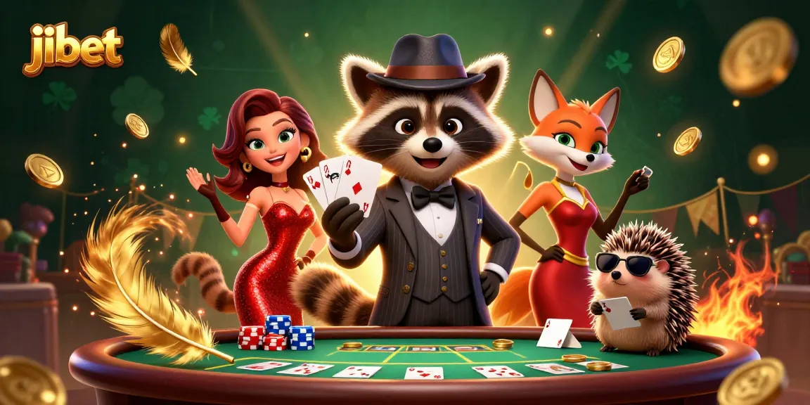 Join the gaming adventure at jibet with a dynamic poker scene featuring a suave raccoon and companions.