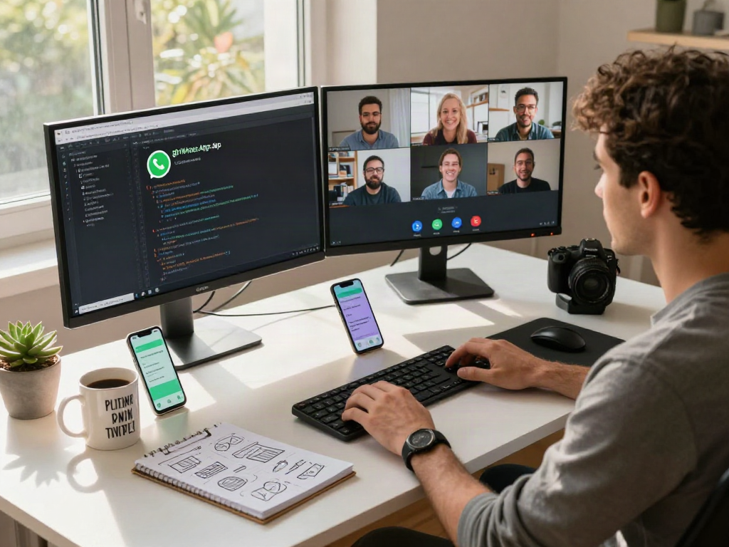 Developer in a modern workspace coding gb whatsapp apk, creating a productive atmosphere.