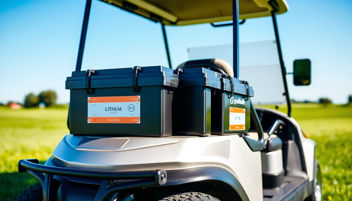 Lithium golf cart batteries showcased on a golf cart, illustrating modern design and performance features.
