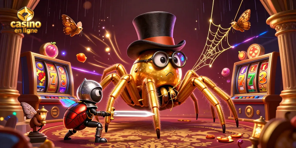 Plongez dans l'univers du casino en ligne avec une araignée dorée et des symboles de machines à sous.