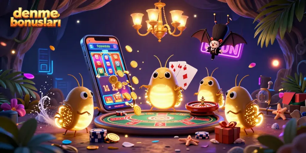 Experience deneme bonusları in a vibrant, 3D casino scene illuminated by glowworms and a bat dealer.