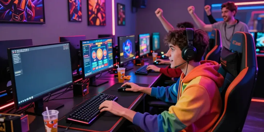 Engaging gamer playing PG SLOT in a vibrant gaming lounge.