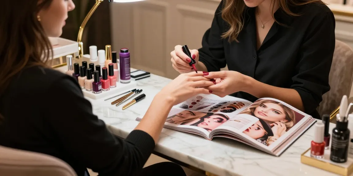 Teknisi kuku melayani klien dengan produk LUXURY12 di salon mewah.