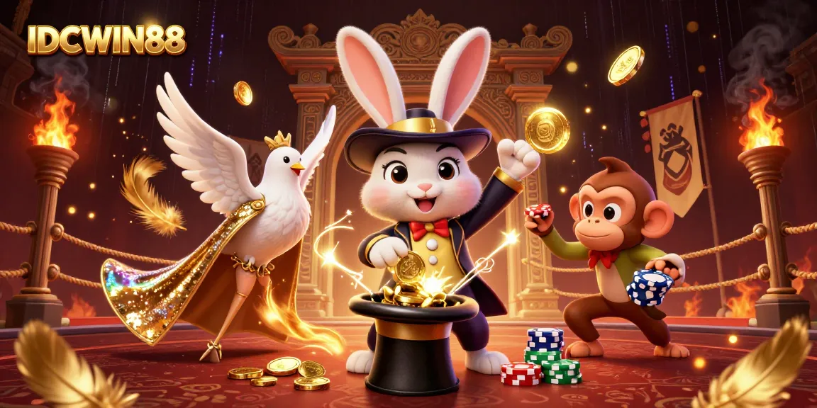 Experience the excitement of IDCWIN88 with a magical scene featuring casino elements and characters.