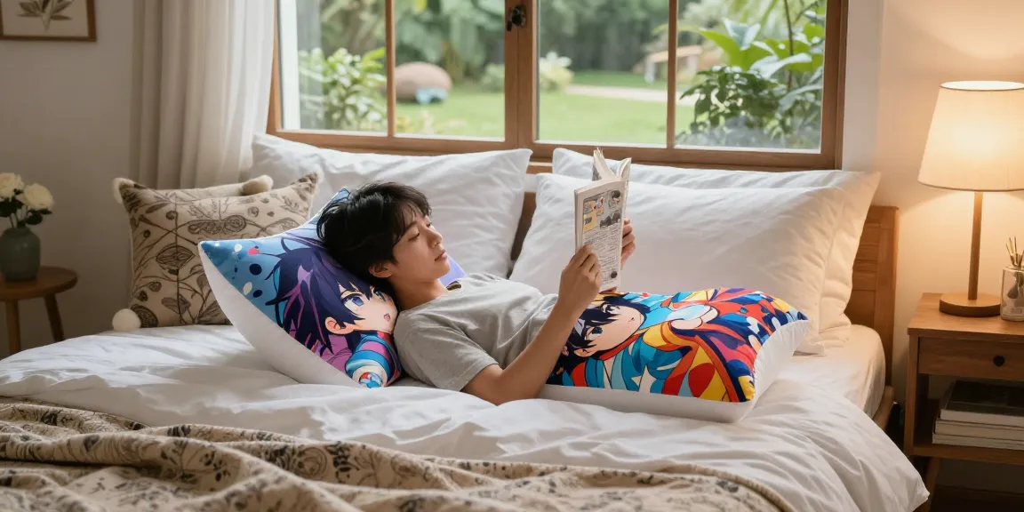 Custom body pillow enhancing a relaxing bedroom atmosphere with anime designs and plush toys.