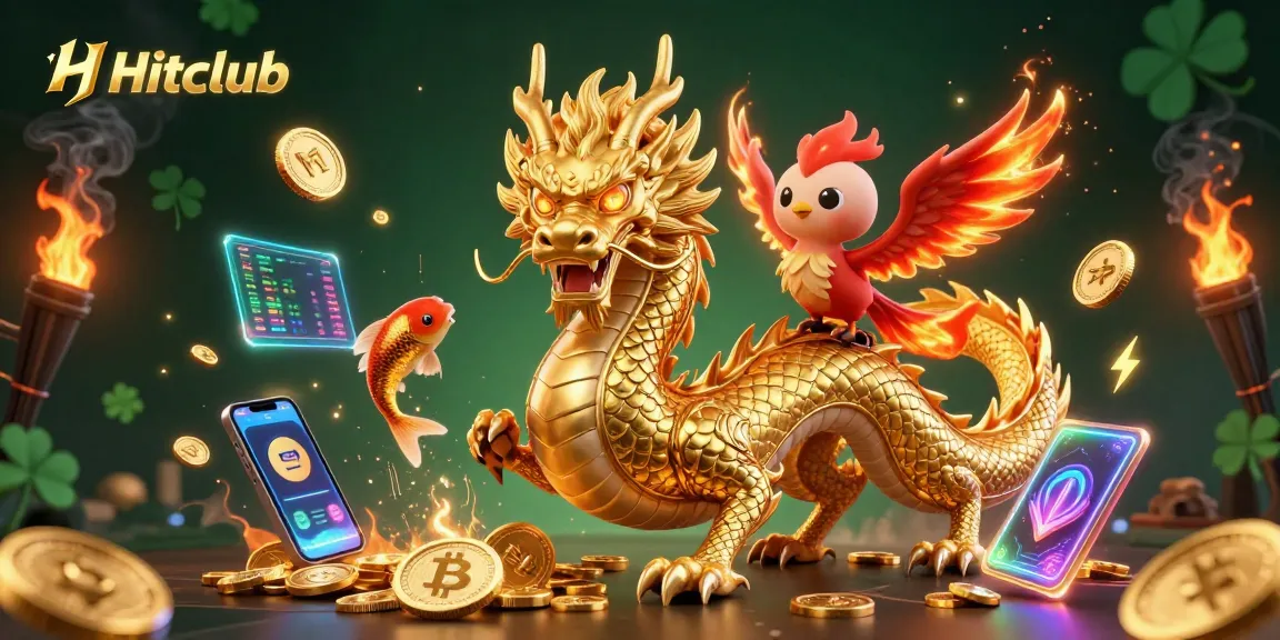 Experience thrilling wins with Hitclub's vibrant gaming scene featuring a dragon, phoenix, and koi fish.