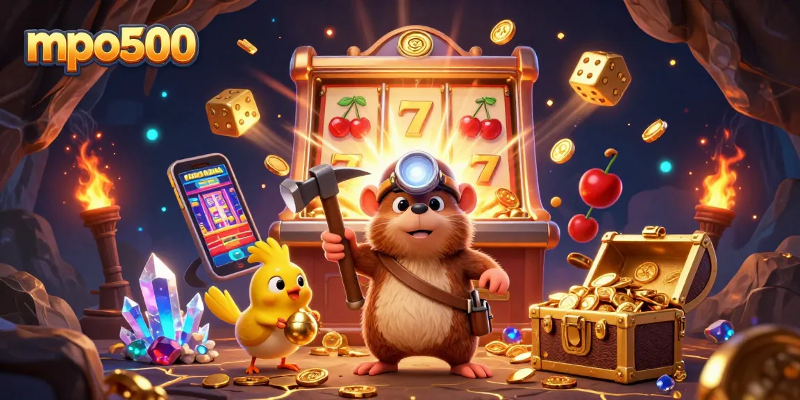 Experience jackpots with mpo500 in an energetic casino scene featuring vibrant slot elements.
