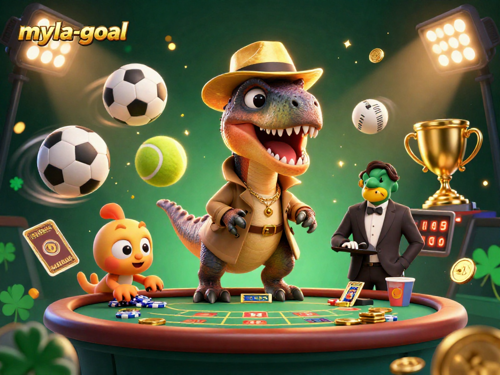Interacting velociraptor and dinosaurs play at myla-goal blackjack table amidst flying sports elements