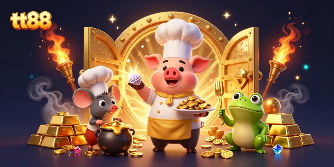 tt88 presents a vibrant online casino scene with cartoon characters enjoying gold coins and thrilling gaming elements